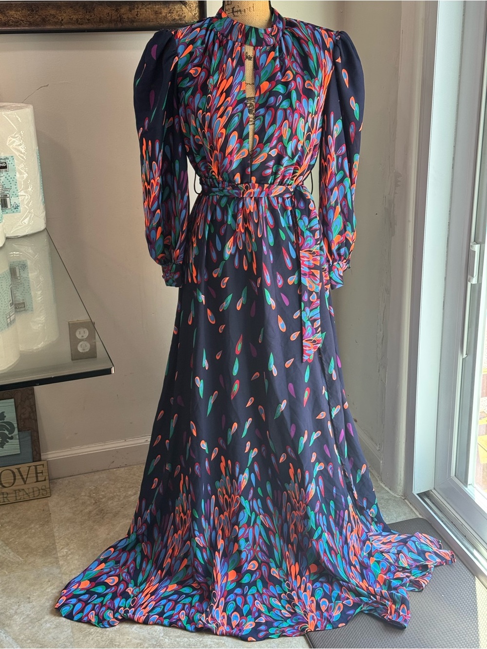 Women's Navy Multicolor Printed Long Sleeve Maxi Dress
